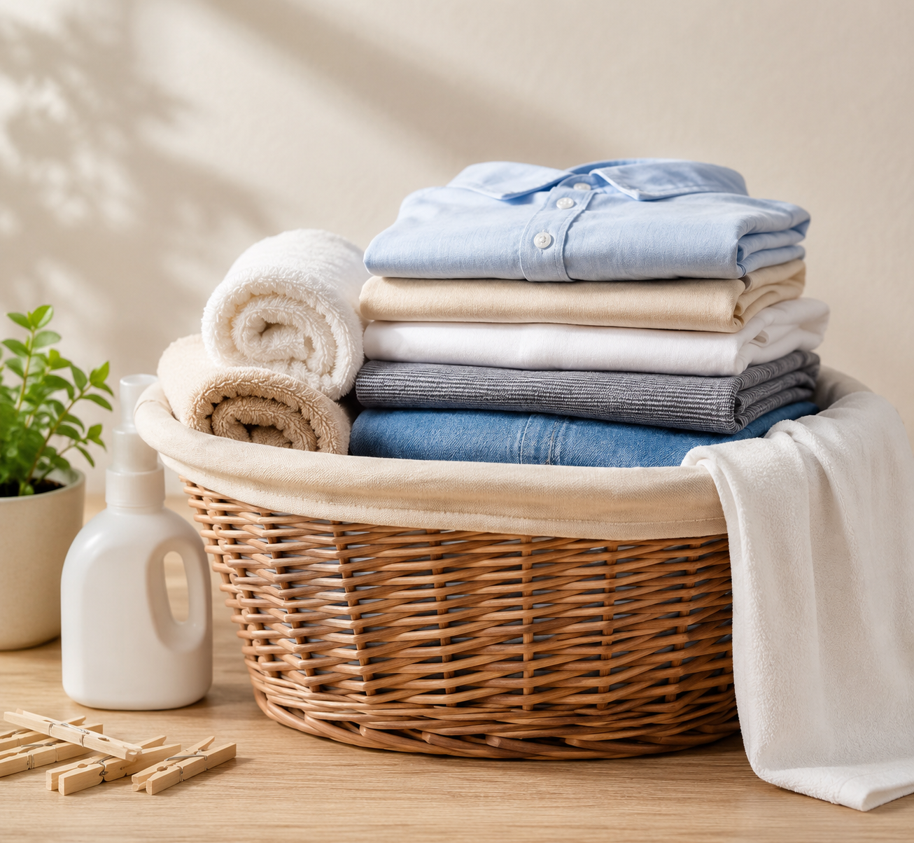 Laundry basket with freshly folded clothes